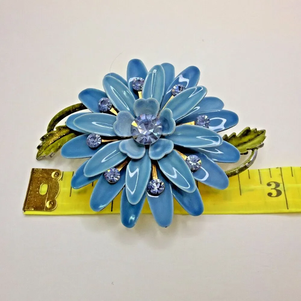 Vintage 1960s Blue Enamel Flower Brooch Rhinestone Mod Flower Power Pin - AS IS